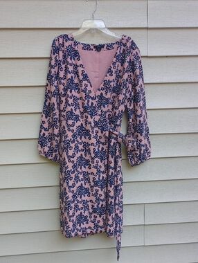 J. Crew Factory Pink and Navy Floral Wrap Dress - Long Sleeve